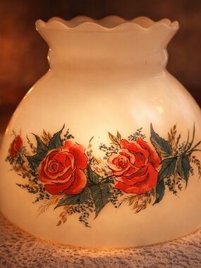 Vintage Milk Glass Floral Hurricane Lamp Shade Roses Scalloped Top